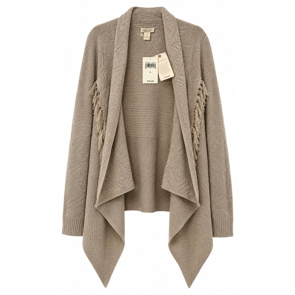 Lucky Brand Fringe Cardigan Womens Large NWT Open Front Boho Taupe Sweater